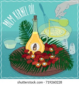 Glass Pitcher of Palm kernel oil and seeds of Elaeis guineensis plant. Hand pouring oil into bowl. Natural vegetable oil used for cooking. Vector illustration