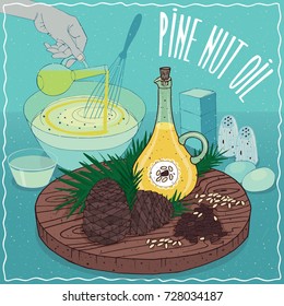 Glass Pitcher of Pine nut oil and nuts and seeds of Pine plant. Hand pouring oil into bowl. Natural vegetable oil used for cooking. Vector illustration