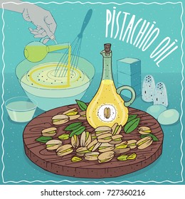 Glass Pitcher of Pistachio oil and seeds of Pistacia vera plant. Hand pouring oil into bowl. Natural vegetable oil used for cooking. Vector illustration