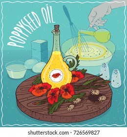 Glass Pitcher of Poppyseed oil and Poppy flowers and seeds. Hand pouring oil into bowl. Natural vegetable oil used for cooking. Vector illustration
