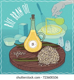 Glass Pitcher of Rice bran oil and Rice bran and stalks. Hand pouring oil into bowl. Natural vegetable oil used for cooking. Vector illustration
