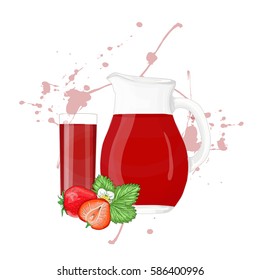 Glass pitcher and glass with strawberry juice vector illustration