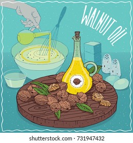 Glass Pitcher of Walnut oil and nuts of Juglans regia plant. Hand pouring oil into bowl. Natural vegetable oil used for cooking. Vector illustration