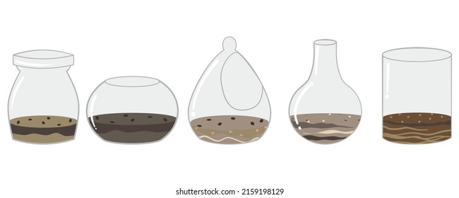 Glasflasche im Vintage-Stil für ein kleines Terrarium mit Topfboden. Kleine Bäume können dekoriert werden. Vektorgrafik.