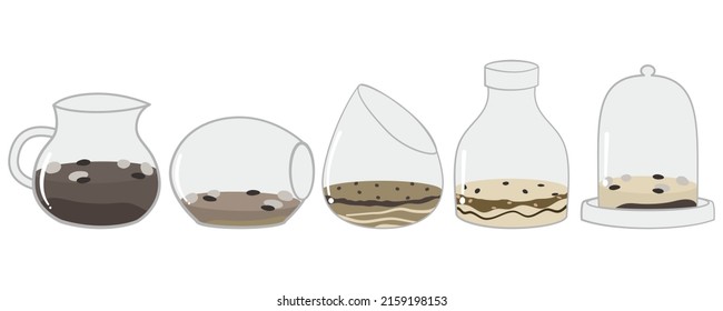 Glasflasche im Vintage-Stil für ein kleines Terrarium mit Topfboden. Kleine Bäume können dekoriert werden. Vektorgrafik.