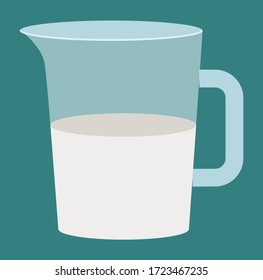 Glass or plastic beaker with white liquid inside. Vessel with dairy milk or kefir inside used in cooking and food preparation. Healthy and organic fluid produced by mammal. Vector illustration in flat