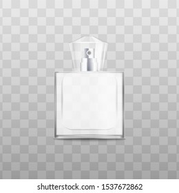 Glass or plastic bottle with a cap for perfume. Cosmetic container for perfume, empty template, beauty and fashion concept. Realistic vector illustration on a transparent background.