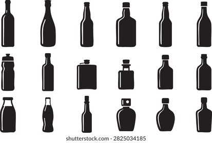Glass and plastic bottle icon set with black drink container silhouettes for beverage design