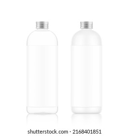 Glass And Plastic Bottle With Label And Metal Screw Cap Mockup. Vector Illustration Isolated On White Background. EPS10.	