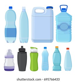 Glass and plastic bottles of different types for alcohol and water