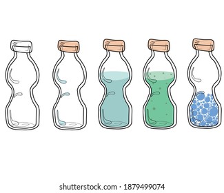 A glass, plastic bottles with a magic potion. A magic potion. Elixir. Flat vector illustration. glass bottles with different fillings, with water, with lexir. Empty bottle. Magic bottle. Alchemy