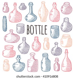 Glass and plastic bottles set. Hand drawn vector illustration. Different containers for your design.