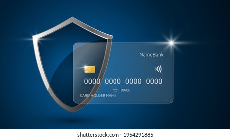 Glass plastic card template in glassmorphism style and steel blue shield. Bank payments protection concept. Security of money transfers. Safe. Isolated vector on a dark background. Mockup. 3d