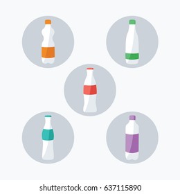 glass & plastic closed bottle in circle button for app & web. flat design style simple isolated modern selection different flavors. mineral water, soda & cola vector cartoon with blank label template.
