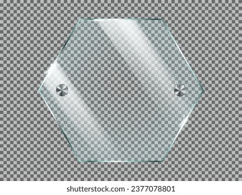 Glass or plastic hexagon plate with metal mounts. Realistic vector illustration isolated on transparent background.
