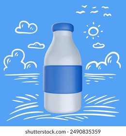 Botella de leche de vidrio o plástico en estilo realista 3d con paisaje de silueta dibujado a mano. Collage moderno minimalista. Ilustración vectorial.