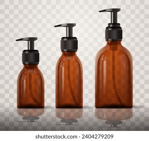 Glass or plastic set of brown cosmetic bottles of different sizes with dispenser pump. Realistic vector illustration on transparent background