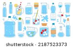 Glass, plastic water bottle, jug, cup and containers set, vector drink beverages icons. Glass cup of soda, beer and wine, flat line juice pitcher, whiskey carafe, ice tea mug and mineral water bottle