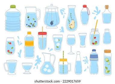 Glass and plastic water bottles and containers, drink cups and beverage jugs, vector linear icons. Glass cup of soda, beer and wine, juice pitcher, ice tea mug, whiskey carafe and mineral water bottle