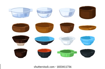 Glass, plastic, wooden and ceramic bowl isolated on white. Vector mixing chalice, heat resistant stoneware, kitchenware, potted bowl, crockery utensil for cooking and food preparation illustration