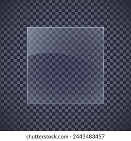 A glass plate. Acrylic and glass texture with highlights and light. Realistic transparent glass window in a square frame. Vector