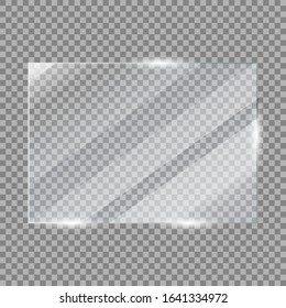 Glass plate on transparent background. Realistic glass with shadow. 3D  window effect with flare. Isolated clear sheet. Acrylic screen template.  Shining frame. Vector illustration Stock Vector