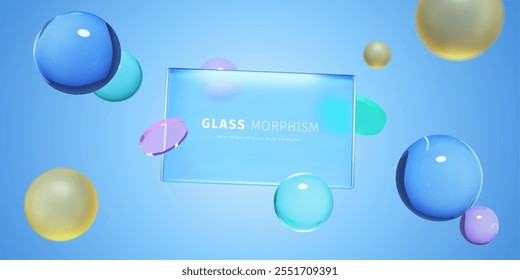 Glass plate with glass and matt balls, composition in glassmorpism style on blue background. 3d realistic render, vector morphism illustration.