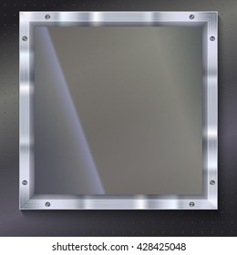 Glass plate with metal frame and bolts on the background of polished metal. Banner of glass and metal frame with reflexes. Technological background for your design