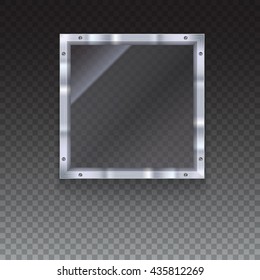 Glass plate with metal frame and bolts on transparent background. Banner of glass and metal frame with reflexes. Technological background for your design