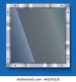 Glass plate with metal frame and bolts on the blueprint background. Banner of glass and metal frame with reflexes. Technological background for your design