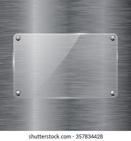 Glass plate on brushed metal background. Transparent frame with screw head. Vector