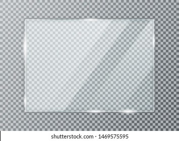 Glass plate on transparent background. Acrylic and glass texture with glares and light. Realistic transparent glass window in rectangle frame. Vector