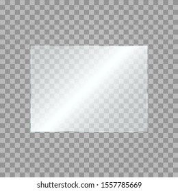 	
Glass plate on transparent background. Acrylic and glass texture with glares and light. Realistic transparent glass window in rectangle frame. Vector