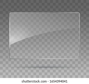 Glass plate on transparent background. Realistic transparent glass window in rectangle frame. Vector