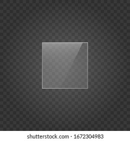Placa de vidrio sobre fondo transparente. Textura acrílica y vidrio con glares y luz. Ventanilla transparente realista en marco rectangular. Vector.
