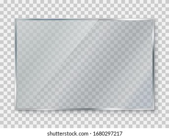 Glass plate on transparent background, clear glass showcase, realistic window mockup, acrylic and glass texture with glares and light, realistic transparent glass window in rectangle frame – vector fo