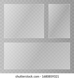 Glass plate on transparent background. Acrylic and glass texture with glares and light. Glass windowisolated on white background. Vector illustration. Eps 10.