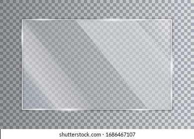 Glass plate on transparent background, clear glass showcase, realistic window mockup, acrylic and glass texture with glares and light, realistic transparent glass window in rectangle frame – for stock