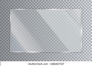 Glass Plate On Transparent Background, Clear Glass Showcase, Realistic Window Mockup, Acrylic And Glass Texture With Glares And Light, Realistic Transparent Glass Window In Rectangle Frame – For Stock