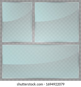 Glass plate on transparent background. Acrylic and glass texture with glares and light. Glass window isolated on white background. Vector illustration. Eps 10.