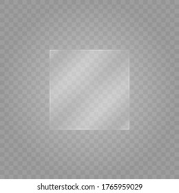 Glass plate on transparent background. Acrylic and glass texture with glares and light. Realistic transparent glass window in rectangle frame. Vector