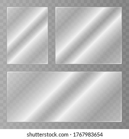 Glass plate on transparent background. Acrylic and glass texture with glares and light. Realistic transparent glass window in rectangle frame. Vector