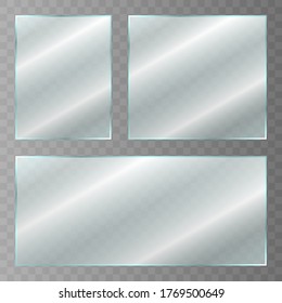 Glass plate on transparent background. Acrylic and glass texture with glares and light. Realistic transparent glass window in rectangle frame. Vector