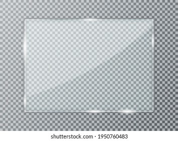 Placa de vidrio sobre fondo transparente. Textura acrílica y vidrio con glares, luz y reflexión. Ventana transparente realista en marco rectangular. Vector