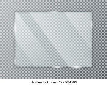 Glass plate on transparent background. Acrylic and glass texture with glares and light. Realistic transparent glass window in rectangle frame. Vector