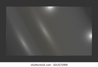 Glass plate on transparent background. Acrylic and glass texture with glares and light. Realistic transparent glass window in rectangle frame.