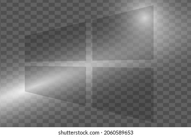 Glass plate on transparent background. Acrylic and glass texture with glares and light. Realistic transparent glass window in rectangle frame. Vector