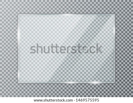 Glass plate on transparent background. Acrylic and glass texture with glares and light. Realistic transparent glass window in rectangle frame. Vector [[stock_photo]] © 