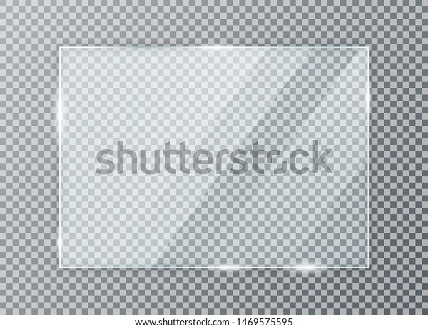 Glass plate on transparent background.\
Acrylic and glass texture with glares and light. Realistic\
transparent glass window in rectangle frame.\
Vector