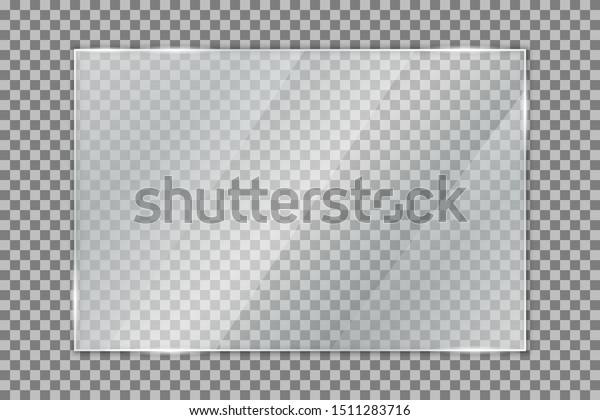 Glass plate on transparent background, clear glass\
showcase, realistic window mockup, acrylic and glass texture with\
glares and light, realistic transparent glass window in rectangle\
frame – vector